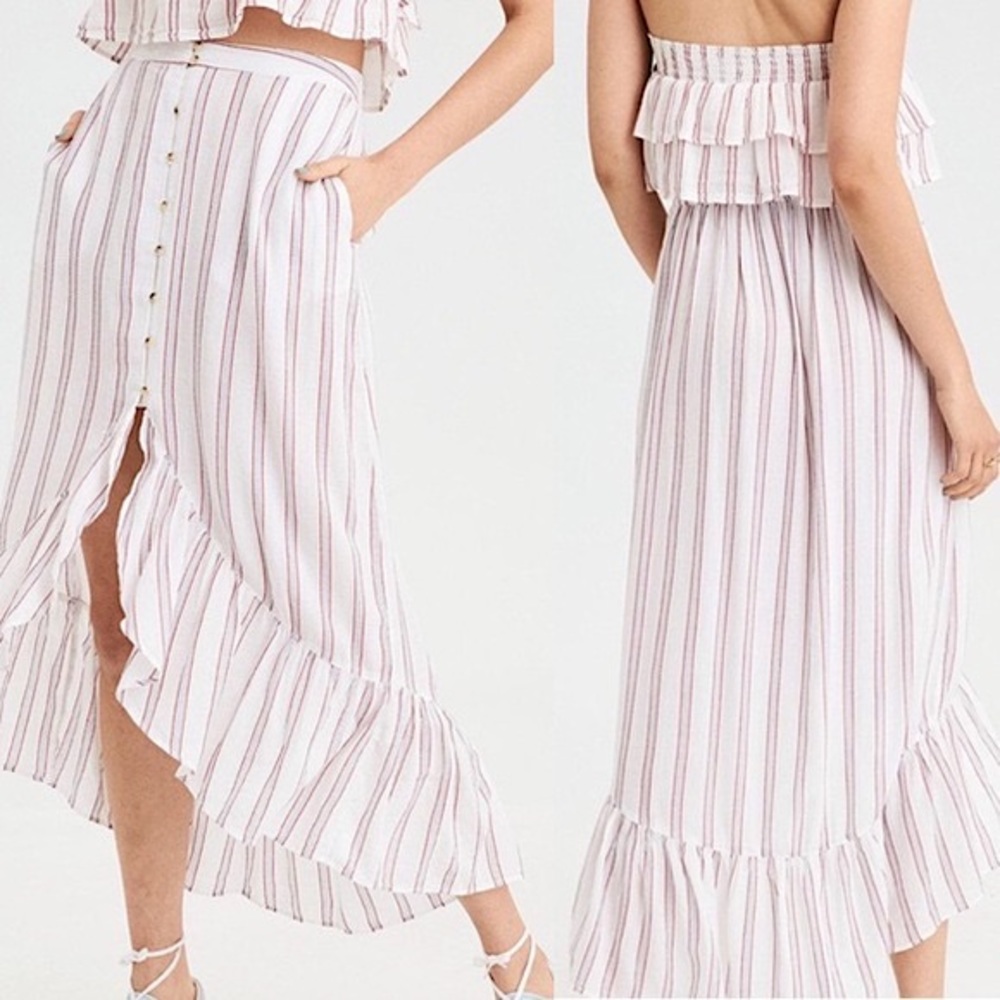 American Eagle Red Striped Ruffle Maxi Skirt and Tube Top Set NWT